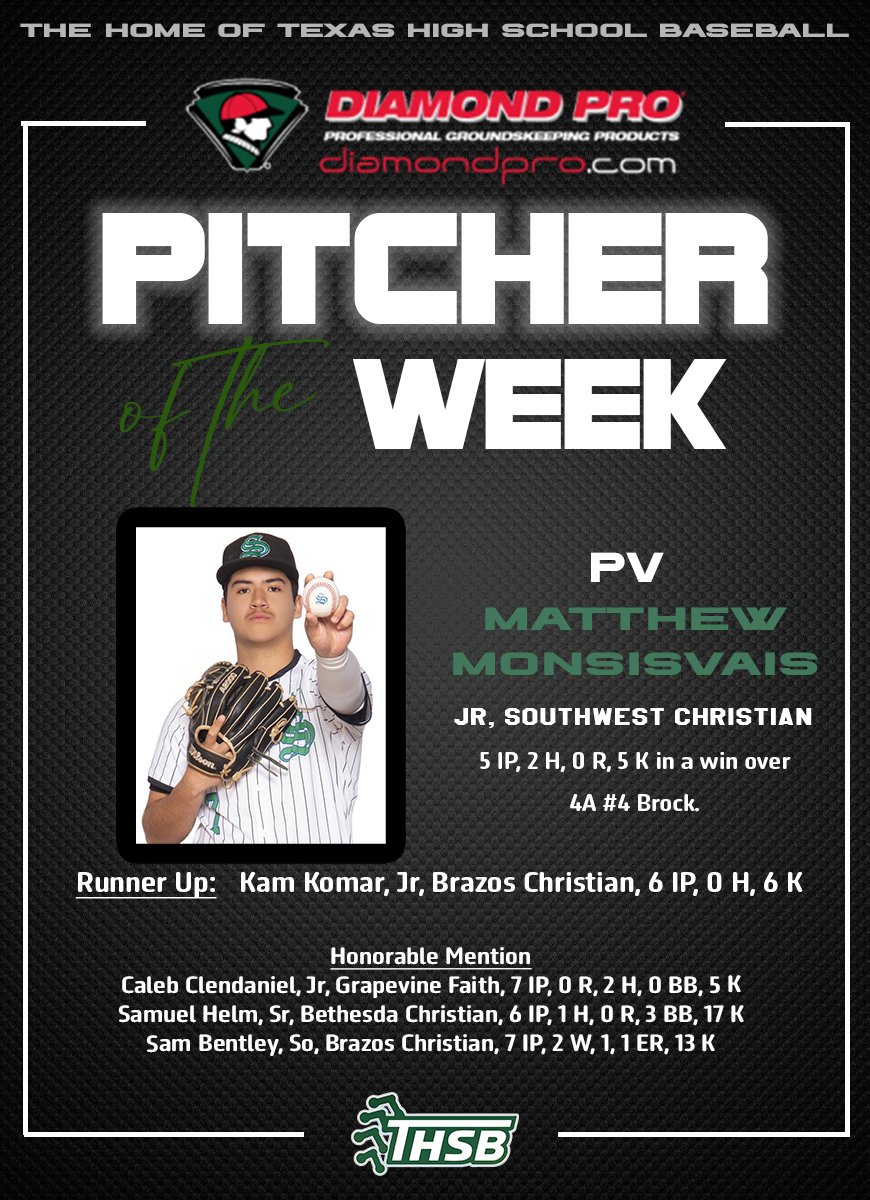 PSTxHSBaseball's tweet photo. @Diamondpropgp Pitcher of the week posted at https://t.co/69MwN85bjM.  Check it out to see all the winners!  This weeks winner is Michael Monsisvais who pitched an outstanding game against 4A #4 Brock. @Monsisvais17 @Beamer_1088 @SCSEagleBasebal @scs_athletics https://t.co/q4GTAsxpjw