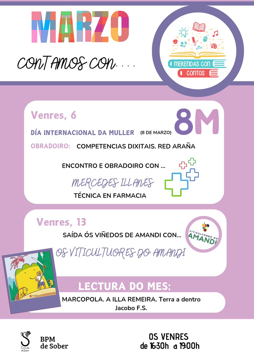ConcellodeSober's tweet photo. 🟪 📚 Continúan as Merendas con Contos durante este mes de marzo. Mañá venres, con motivo do 8M, celebrarase un obradoiro especial con Mercedes Illanes, técnica en farmacia. https://t.co/BPLu84TWf9