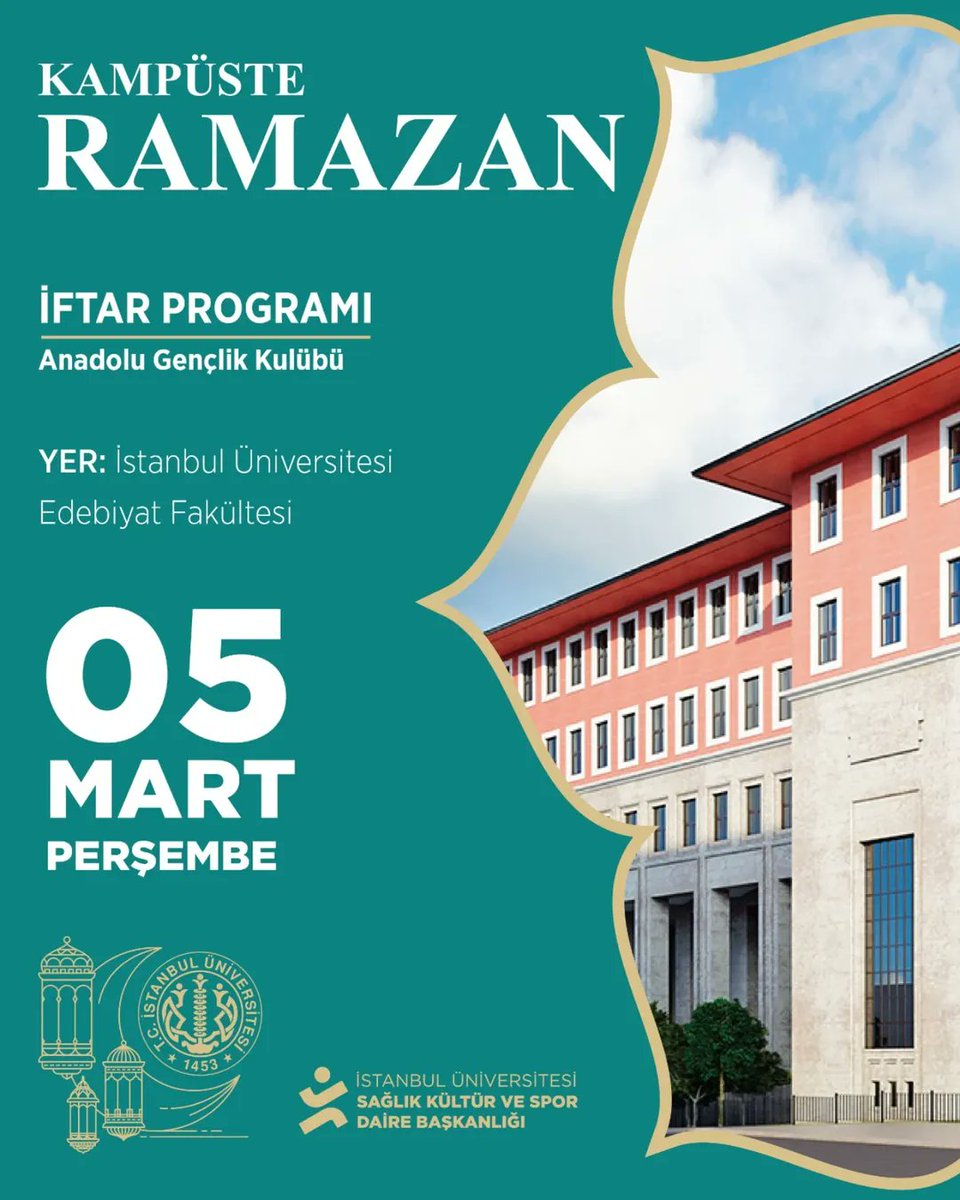 Ramazan ayının birlik, beraberlik ve kardeşlik iklimini birlikte yaşamak amacıyla düzenleyeceğimiz Beyazıt Kardeşlik İftarı programımıza tüm öğrencilerimiz davetlidir.

📍 Edebiyat Fakültesi Şeref Holü
🗓 5 Mart Perşembe
🕖 İftar Saati: 19.06

Anadolu Gençlik Kulübü