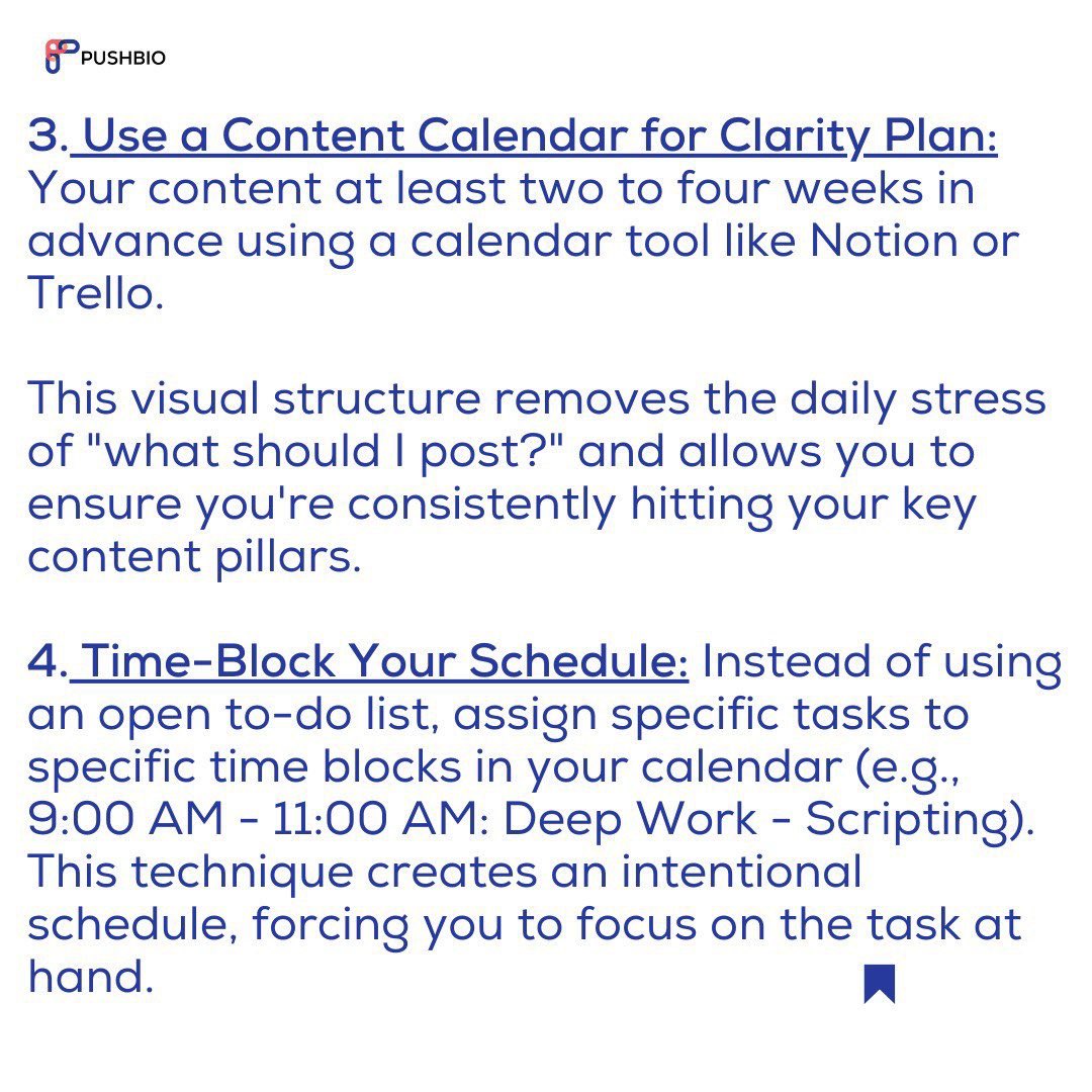 Pushbio's tweet photo. 10 Productivity Hacks You Should Implement As A Creator.
Share this with another creator who needs it.
#pushbio #linkinbio #contentcreator https://t.co/cykomxqdzr
