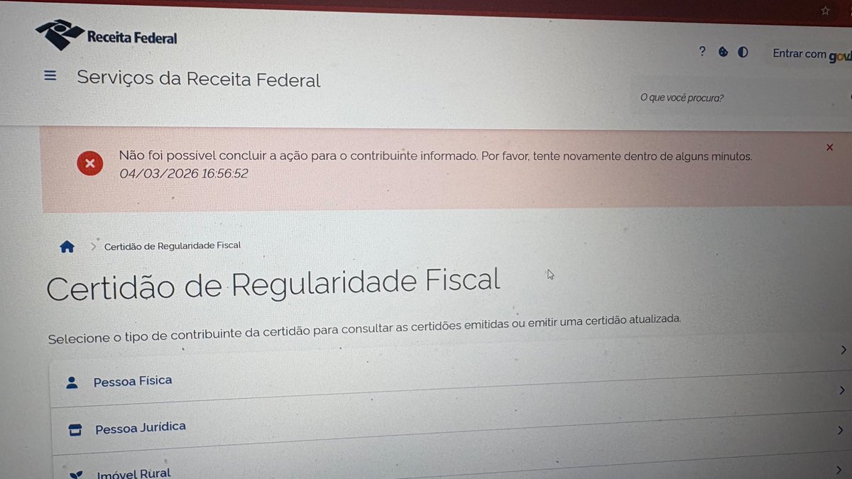 Na moral RFB fecha esta budega!
Todo dia um problema diferente 
Eu só trabalho antes das 8h depois das 18h ultimamente