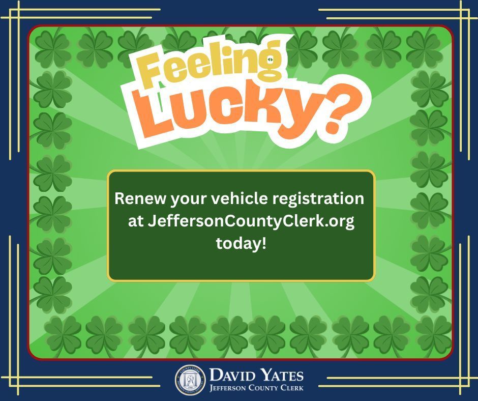 jeffersonclerk_'s tweet photo. 🍀 Feeling lucky as we approach Saint Patrick's Day? Before you ride out to the end of the rainbow for that pot o' gold, make sure to renew your vehicle's tags online. Visit our website to complete your renewal HERE: https://t.co/UWFjCYi8n6 

#StPatricksDay 
#JeffersonCountyClerk https://t.co/Ymeg0yGymz