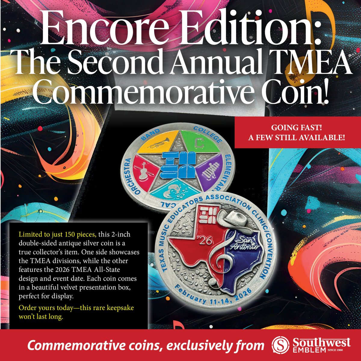 SouthwestEmblem's tweet photo. Did you attend TMEA but forgot to grab our limited edition commemorative TMEA coin? 🪙 Lucky for you, it's still available at https://t.co/lBNoCnm7W1! ✨🎶 There are only a handful left, so grab yours while you can!

#CustomCoins #TMEA #SouthwestEmblem https://t.co/22m1huCUNl