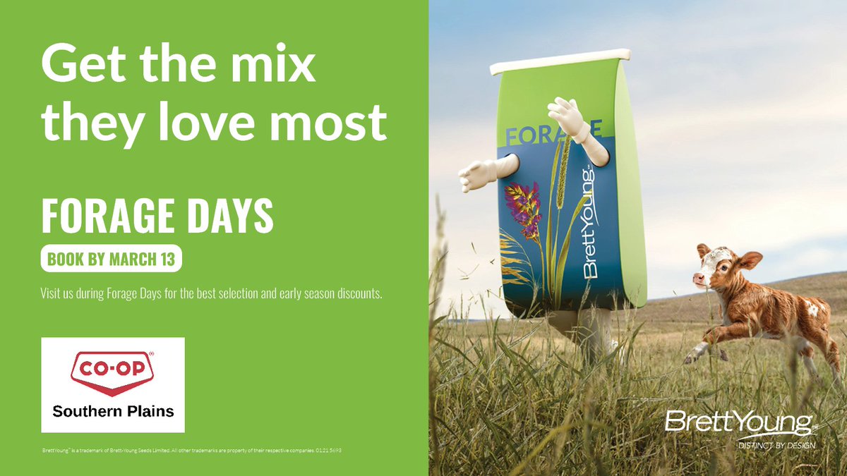 SPCoopAgTeam's tweet photo. 🌱 Thinking about your forage plans yet?

Forage Week | Mar 9–13
Save:
🌾 10% off forage seed
🌽 5% off corn seed
Just book by March 13.

Ask our team about the Forage Establishment Guarantee.

📍 Estevan Agro
📞 306-637-4330

#SaskAg #AgTwitter https://t.co/yWlW1WVBJC