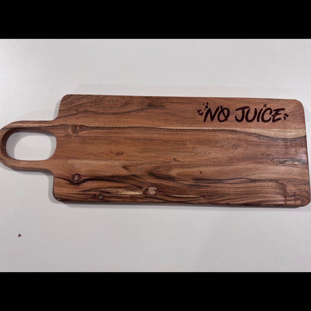TASLaser's tweet photo. Laser engraved wooden chopping board featuring a “No Juice” bodybuilding slogan engraved on a natural serving board. https://t.co/BDwnia7x6i