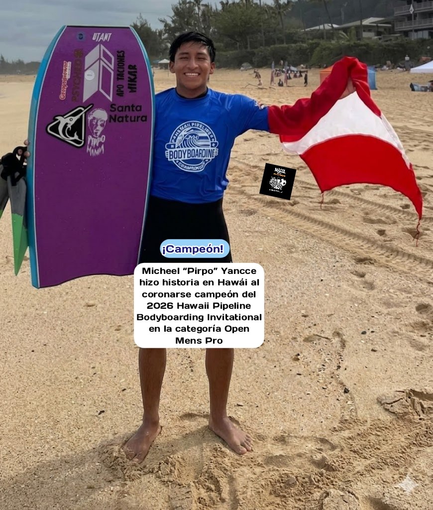 MarlonGodefroy1's tweet image. Micheel “Pirpo” Yancce se coronó campeón del Hawaii Pipeline Bodyboarding Invitational. El peruano participó en la categoría Open Mens Pro e hizo un puntaje de 16.00.#MicheelYancce #Bodyboarding #Hawaii