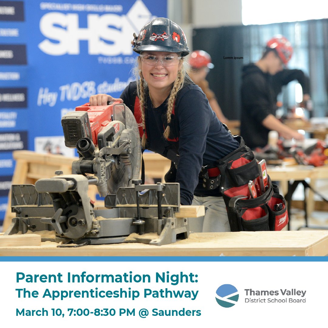 TVDSB's tweet photo. Is your Grade 7–11 child considering the apprenticeship pathway?🛠️🧰Join us for: “The Apprenticeship Pathway at TVDSB: Parent Information Evening with Dr. Jon Callegher” on Tuesday, March 10 at 7:00-8:30 PM in the @SaundersOne auditorium. 

Register now: https://t.co/pZoTbYkr0D https://t.co/Btd9IoxG7v