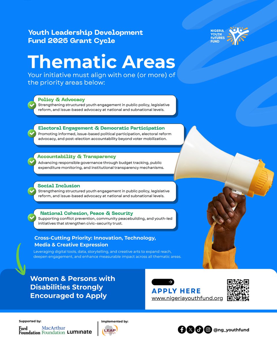 YLDF 2026 Grant Cycle Applications is still ongoing, Initiatives driving policy reform, electoral participation, accountability, inclusion, and peacebuilding, powered by innovation &amp; creativity, stand a strong chance of selection.

Align your idea. Amplify your impact.

Apply Now