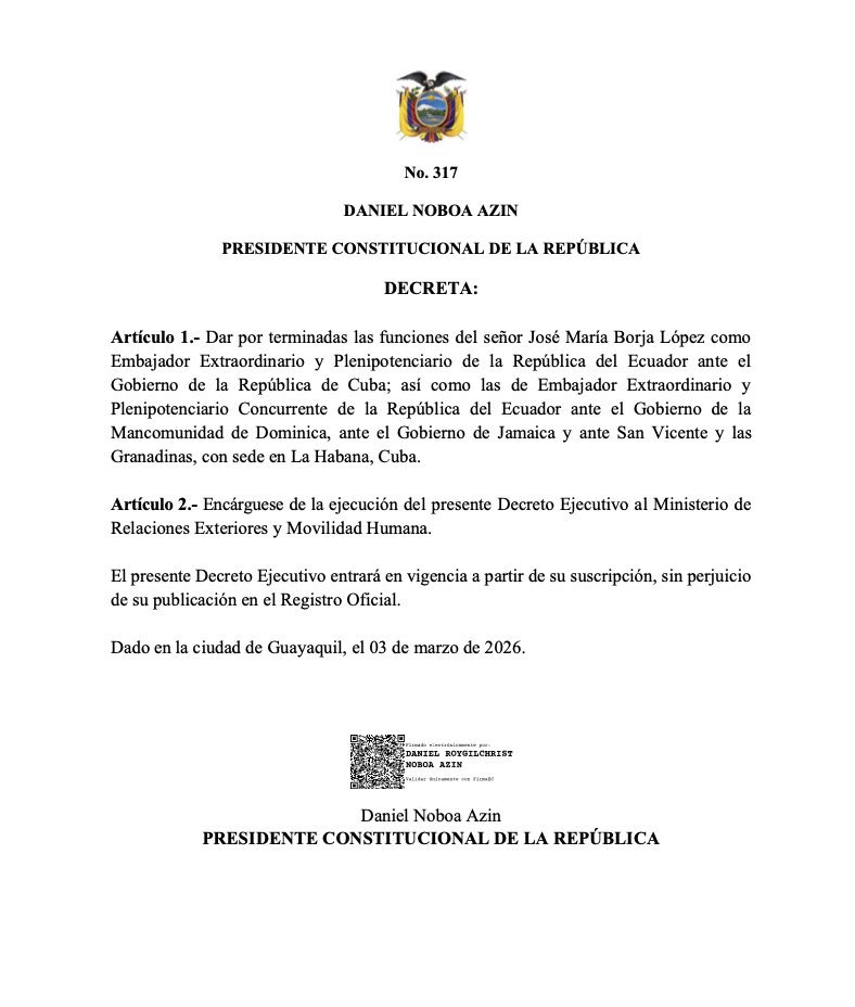 🇪🇨🇨🇺 | URGENTE — Ecuador declara persona no grata al Embajador de Cuba y le otorga 48 horas a todo el personal diplomático de la dictadura cubana para abandonar el país.

Llegó el momento para que todos los países de la región sigan este camino.