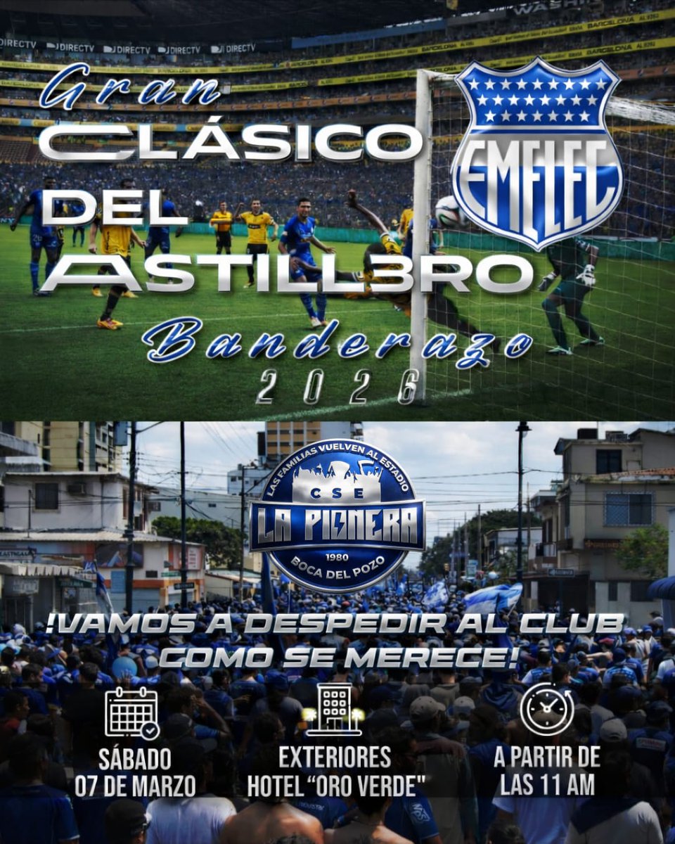 La familia Pionera Boca del pozo convoca a toda su hinchada a ser parte del Gran Banderazo 2026, uniendo fuerzas y pasión para despedir al Bombillo como se merece rumbo al basurero
📍 Fecha: Sábado 07 de marzo
🕛 Hora de concentración: 11h00
📌 Lugar: Exteriores Hotel "Oro Verde"