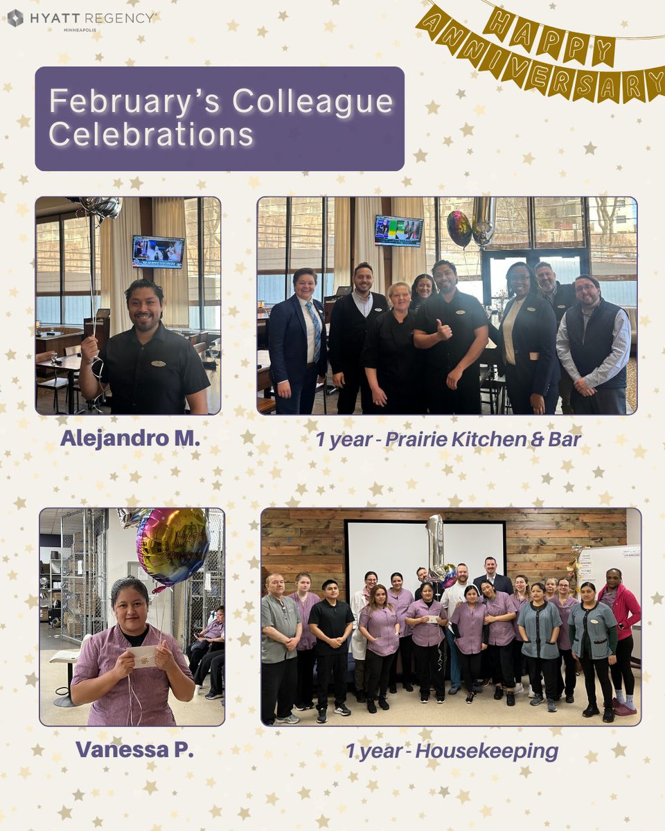 HyattMSP's tweet image. Cheers to our February colleagues celebrating their first anniversaries! Thankful for your dedication and care this past year.

#WorkAnniversary #CareersAtHyatt #EmployeeRecognition