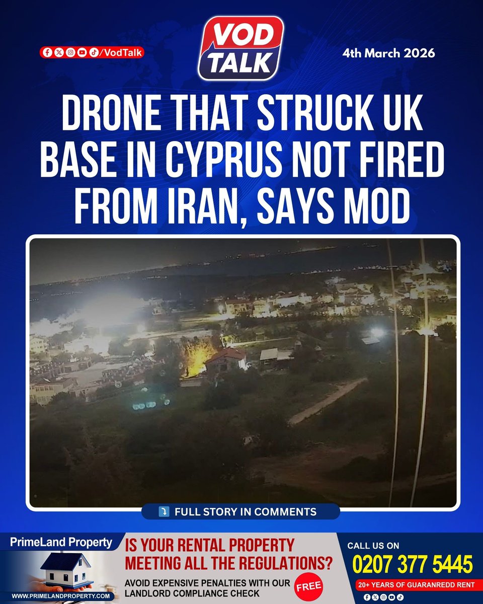 VodTalk's tweet photo. The drone that hit the UK's RAF Akrotiri airbase in Cyprus on Sunday night was not launched from Iran, a spokesperson for the Ministry of Defence has said. https://t.co/AN9jURW1pn