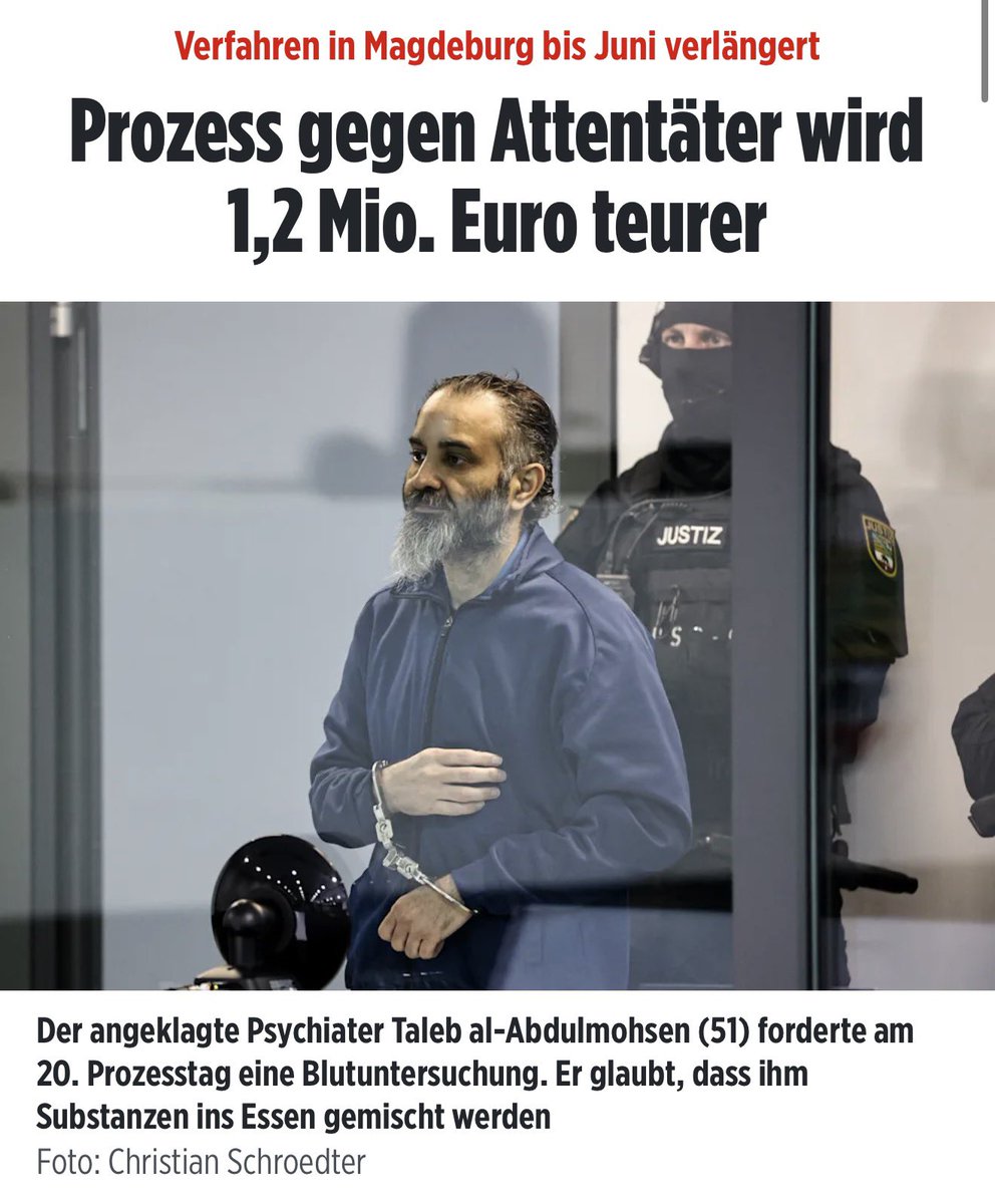 Pervertierung des Rechtsstaates!

Ein Terrorist tötet am 20.12.2024 in Magdeburg 6 Menschen, verletzt über 300.

Für ihn wird eine Gerichtshalle für 1,7 Mio. € gebaut, 390.000 € Miete pro Monat, 700.000 € Rückbau.

Der Täter nutzt den Prozess zur Selbstdarstellung – eine Farce
