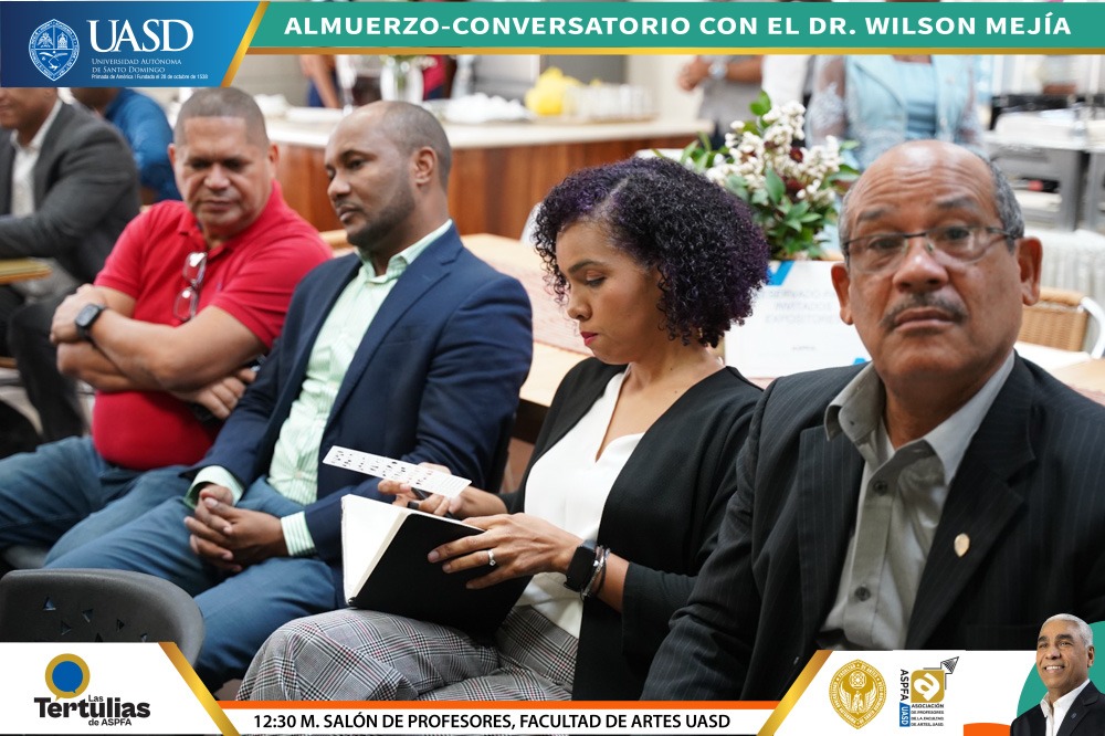 DRAUASD1's tweet photo. UNIVERSIDAD AUTÓNOMA DE SANTO DOMINGO -UASD-
FACULTAD DE ARTES
LAS TERTULIAS DE ASPFA
Almuerzo-Conversatorio con el DR. WILSON MEJÍA
12:30 M. Salón de Profesores, Facultad de Artes UASD.
#aspfa #UASD #drauasd #facultaddeartes #tertulias #wilsonmejia https://t.co/xs88VAkY0s