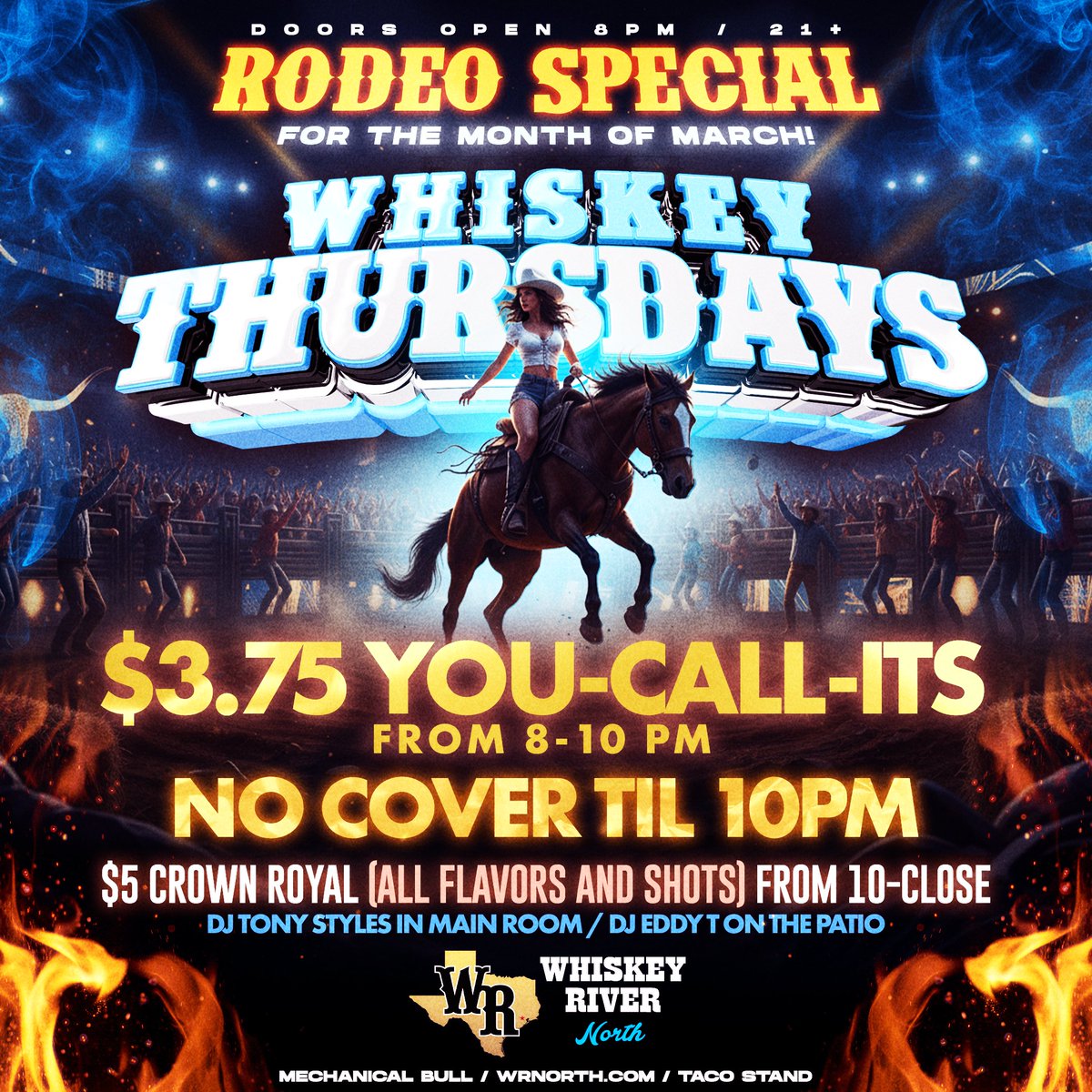 Whiskey Thursdays! 🥃✨ Early specials 8-10 PM. No cover. $3.75 you-call-it drinks! Don’t miss it! 🤠🎉 #WhiskeyThursdays #WhiskeyRiverNorth #RodeoHouston