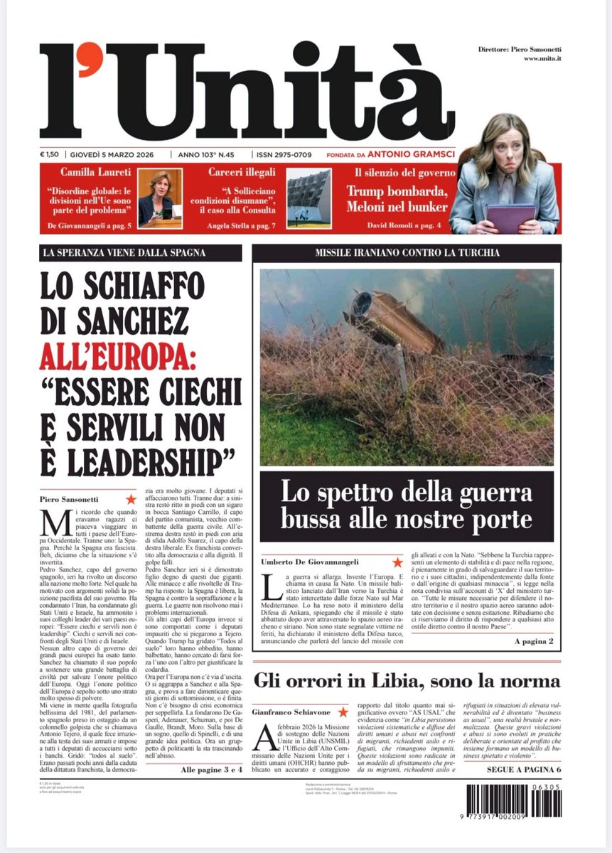 SansonettiUnita's tweet image. 📰 La prima pagina dell’#Unità del #5marzo
 
Abbonati subito: bit.ly/ABBONATI-SUBITO