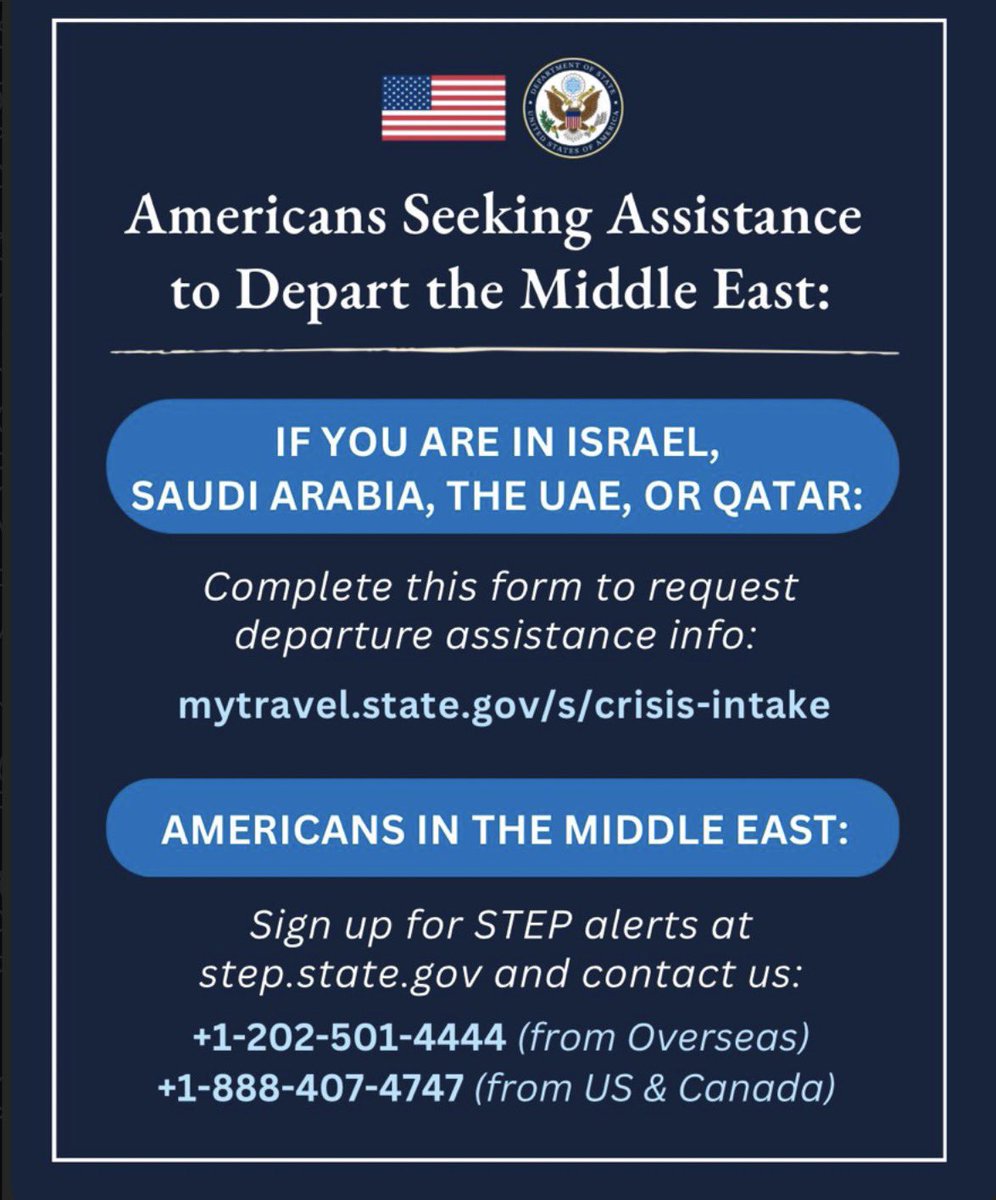 KnuckleheadJT's tweet photo. The State Department is assisting Americans 24/7 to depart the Middle East.
⦁ Americans trying to get home from Israel, Saudi Arabia, the United Arab Emirates, or Qatar: complete the form in the attached photo. https://t.co/VehLU2Tuzc