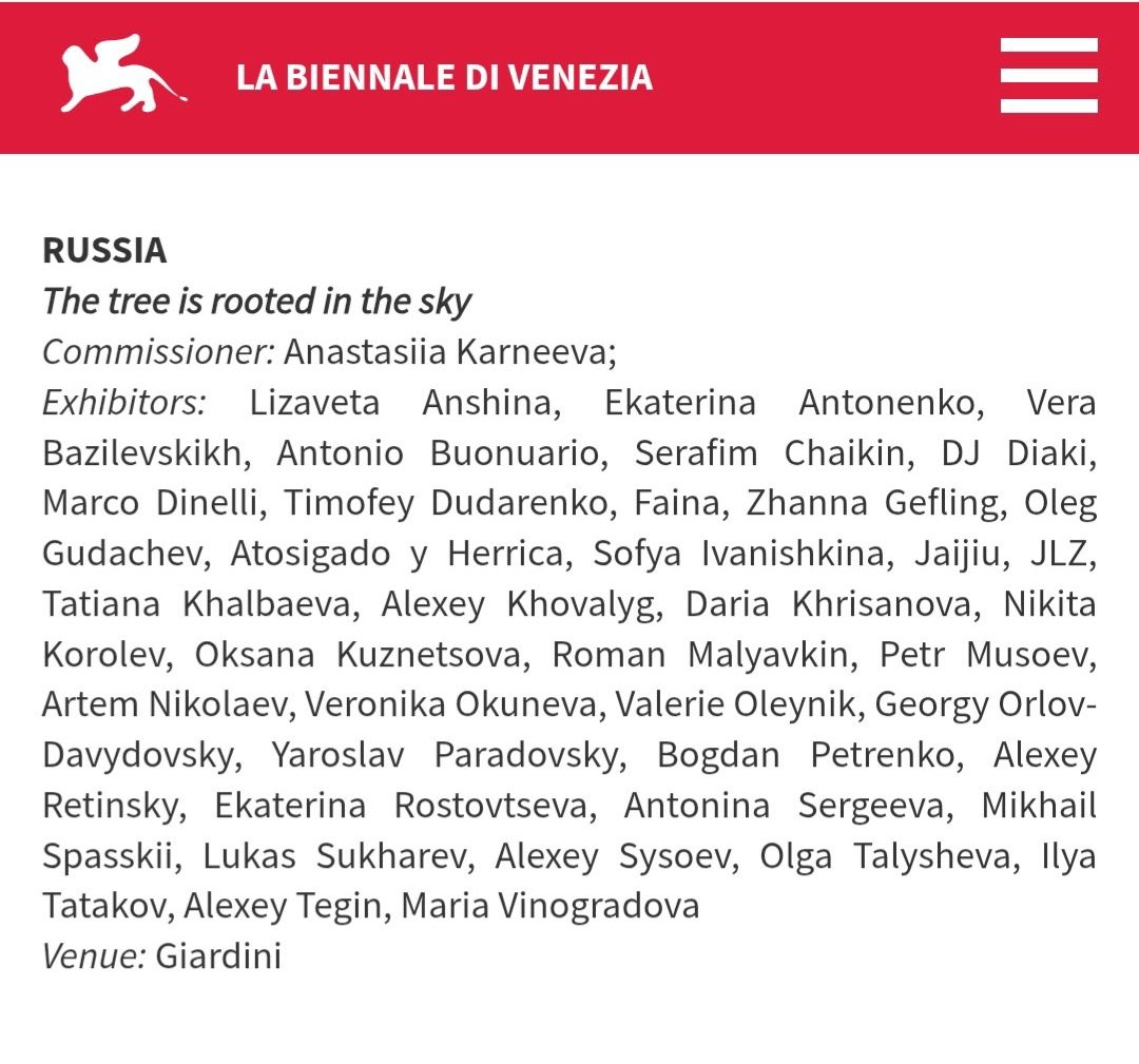 «Director Pietrangelo Buttafuoco, a longtime great admirer of putin, readmits the russian terrorist state to <a href="/la_Biennale/">La Biennale di Venezia</a>.»

The Venice Biennale reopens the russian pavilion, closed after the invasion of Ukraine.

What have happened? russia stopped an invasion?