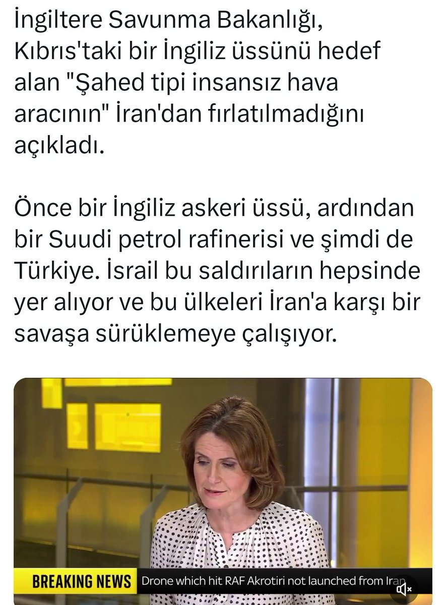 İngiltere savunma bakanı Arabistan, Türkiye ve Kıbrıs'a atılan füzelerin İran değil, bu ülkeleri savaşa sokmak isteyen İsrail tarafından atıldığını söylüyor. İlginç günlerden geçiyoruz. Uzun Bacaklı, İsrail'e cephe almış görünüyor.
Hayırlısı be gülüm