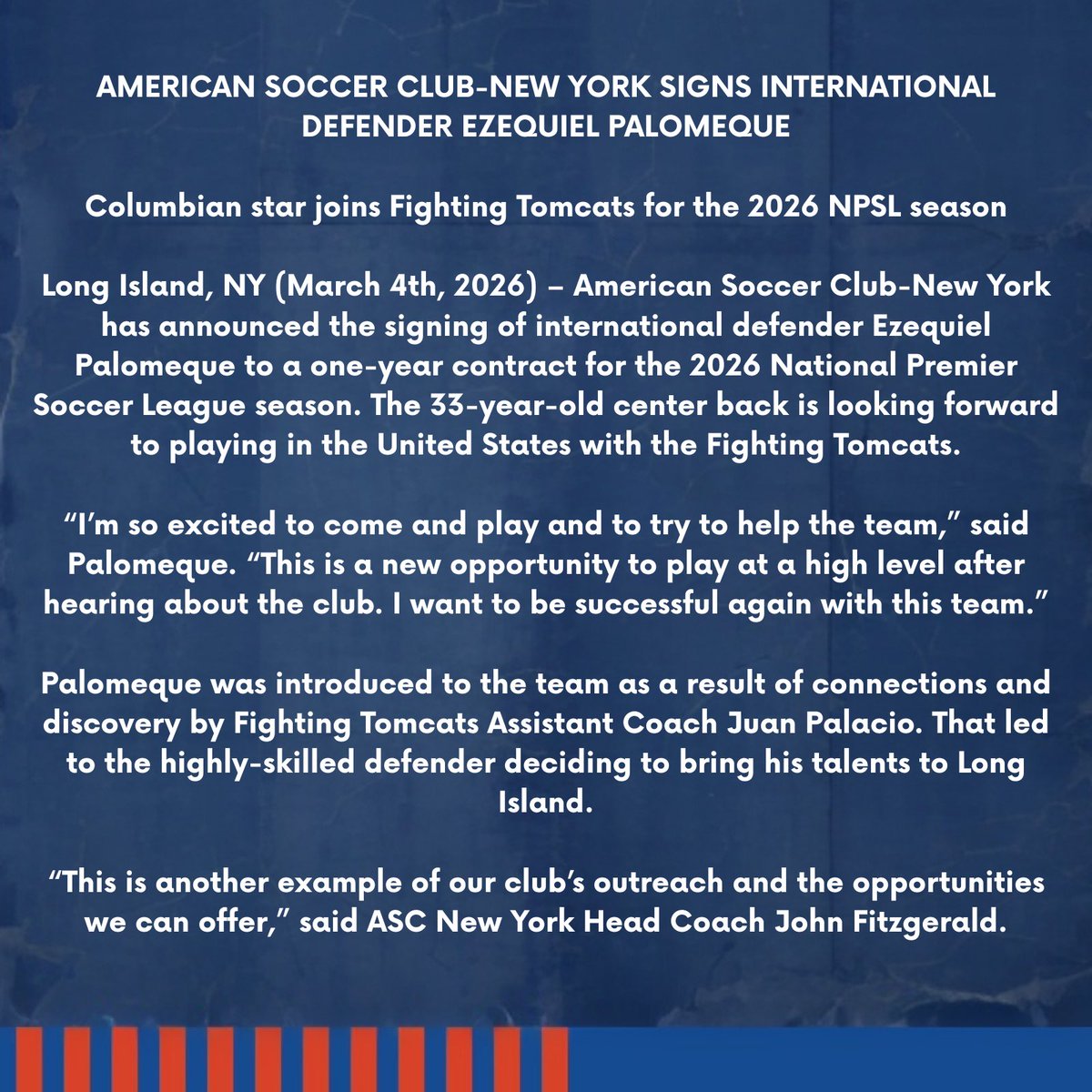 ASCNewYork's tweet photo. ⚽️🔥Big News For American Soccer Club NY🔥⚽️
American Soccer Club NY is thrilled to announce the signing of international defender Ezequiel Paromeque! 🇺🇸⚽️

Press Release: @SchwartzSports https://t.co/NljPrWKAZs
