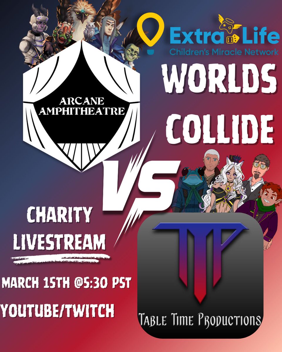 We are hyping up our Extra Life Charity WORLDS COLLIDE brawl till we go live on March 15th! 5:30 PST on Twitch with @arcaneamphitheatre! You can use your donations to influence the match or just donate! We will be dropping team line ups soon! 
#dnd #charity #dnd5e #ttrpg #rpg