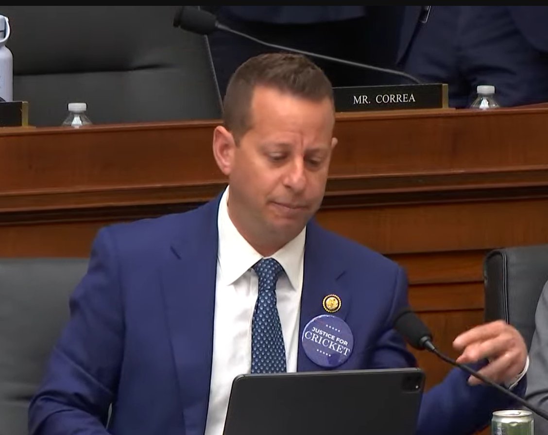 As he questions Kristi Noem, Rep. Jared Moskowitz (D-FL) wears a "Justice for Cricket" pin