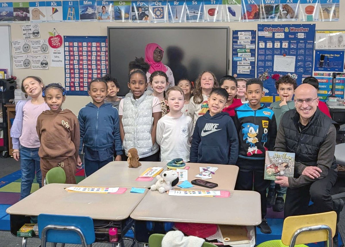EricBen24's tweet photo. I had a wonderful afternoon with Ms. Bessette's first-grade class at the Francis J. Varieur Elementary School in Pawtucket, talking about the sports they played and reading "Marathon Mouse" to them. What a great bunch of kids! Thank you for the invitation! @PSDRI_Schools https://t.co/s9SMtyFYbB