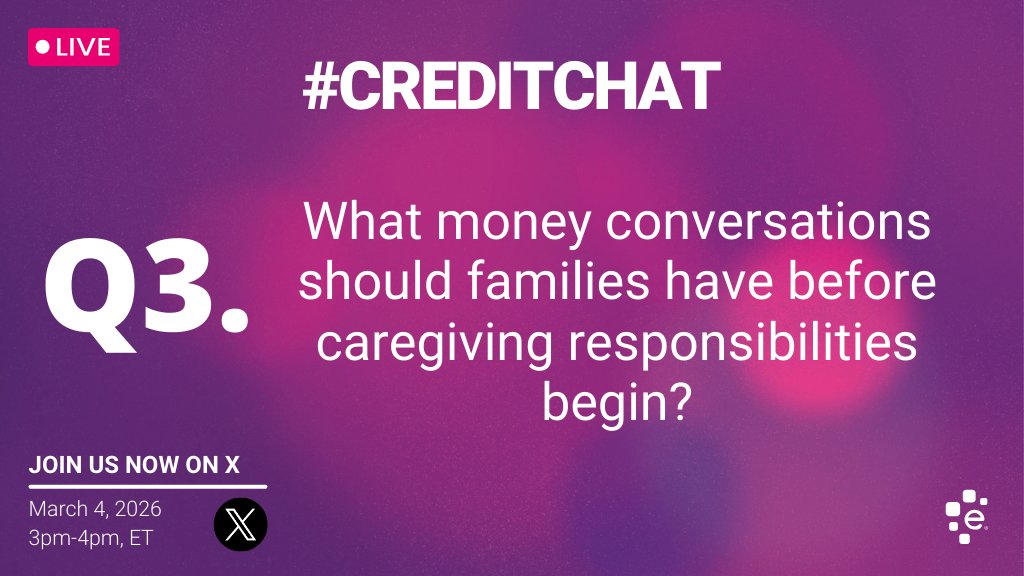 Experian's tweet photo. Q3. What money conversations should families have before caregiving responsibilities begin? #CreditChat https://t.co/CynlEqNA6X