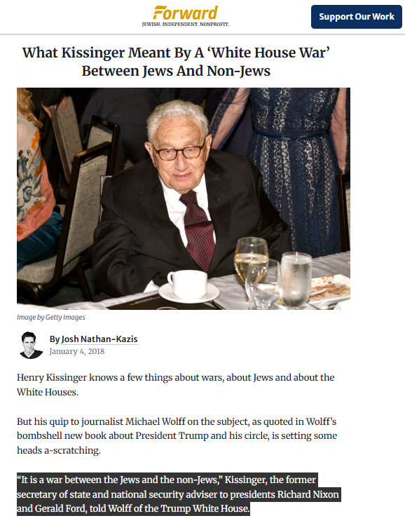 XavierPoussard's tweet photo. L'administration Trump est "une guerre entre juifs et non juifs" expliquait en 2017 Henry Kissinger au journaliste Michael Wolff. Lequel ajoutera, à l'occasion d'un échange avec Jeffrey Epstein : "et les juifs sont en train de gagner". La réalité crue du pouvoir, plus que jamais d'actualité...