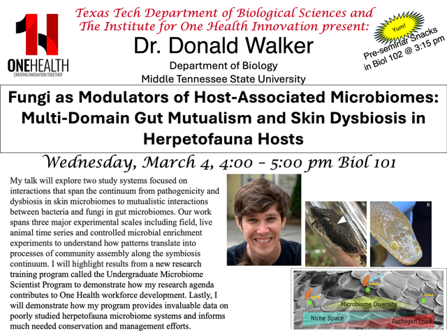 TTUBiologists's tweet photo. The seminar will be from 4:00-5:00 pm in Biol 101.
Please join is for the mixer with snacks starting at 3:15 in Biol 102.

Zoom:
https://t.co/wR6tpUMV7T

Meeting ID: 955 6832 3229
Passcode: 469784 https://t.co/Y2tiHJOCNt