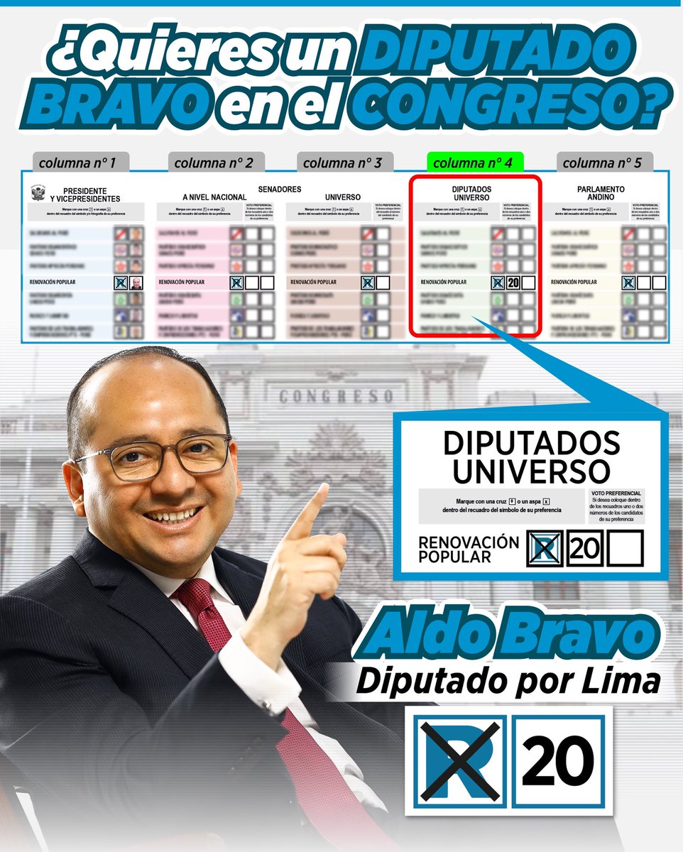 ✍🏻 #TomaNota | ¿Ya sabes cómo votar para tener un #DiputadoBravo que verdaderamente represente a los limeños en el Congreso?.

#PatriaVidaYFamilia
#RafaelEsClave
#RenovacionPopular 🩵
