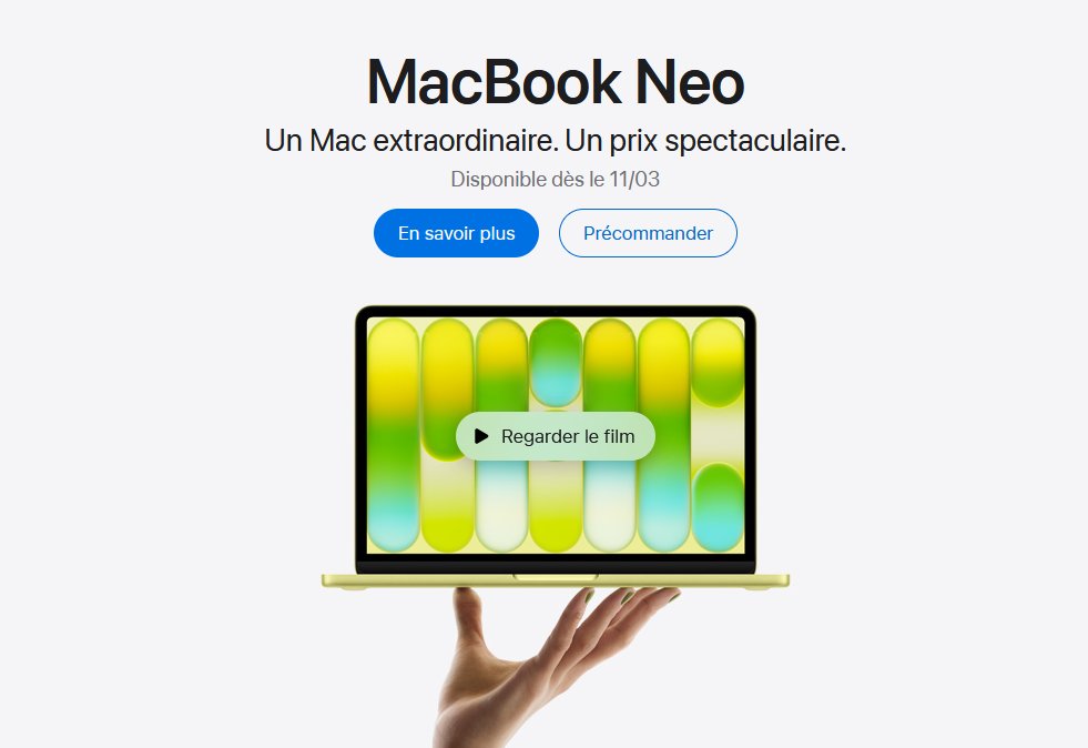dimeao's tweet image. Un nouveau MacBook est arrivé. Le Neo, sur base de puce A18, avec MacOS Tahoe, 4 coloris, 8Go (🤓) de RAM, 256/512 Go de stockage, 2 USB-C, 1 jack... pour 699/799 €. Dispo le 11 mars.
Concurrent direct des Chromebook et Laptops entrée de gamme Windows.
apple.com/fr/macbook-neo/