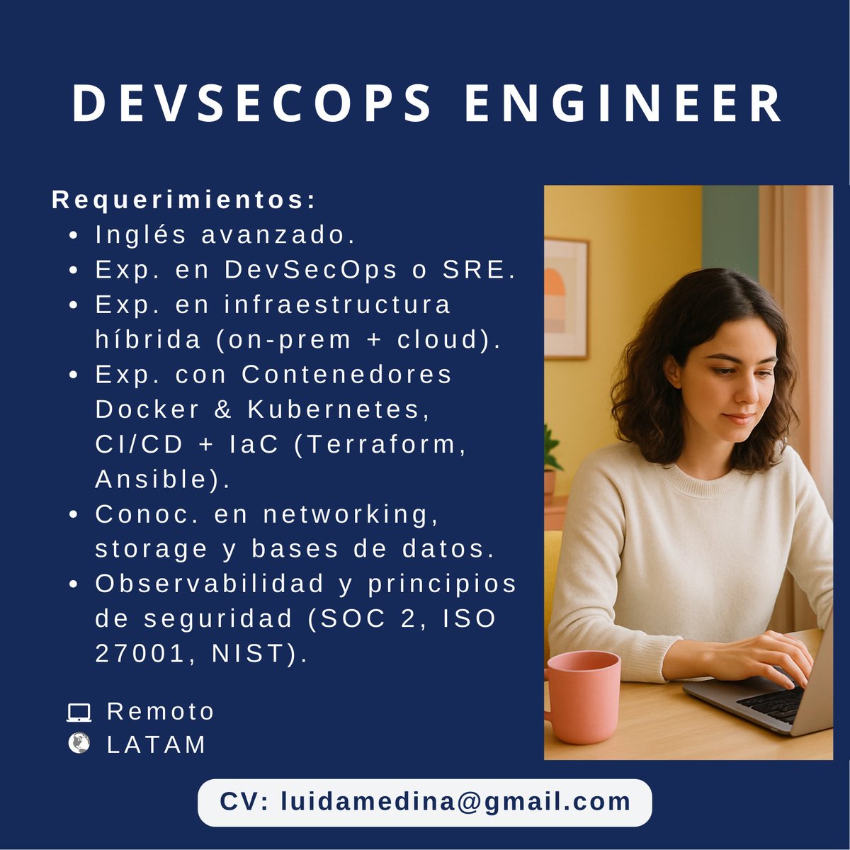 📢 Oportunidad Laboral | #Latinoamérica
Busco un/a #DevSecOps Engineer para sumarse a un equipo pequeño, ágil y colaborativo.
📩 Envíame tu CV o contáctame por mensaje directo #Hiring #SRE #CloudEngineering #LATAMJobs #RemoteWork #TechForGood #Infrastructure #CyberSecurity