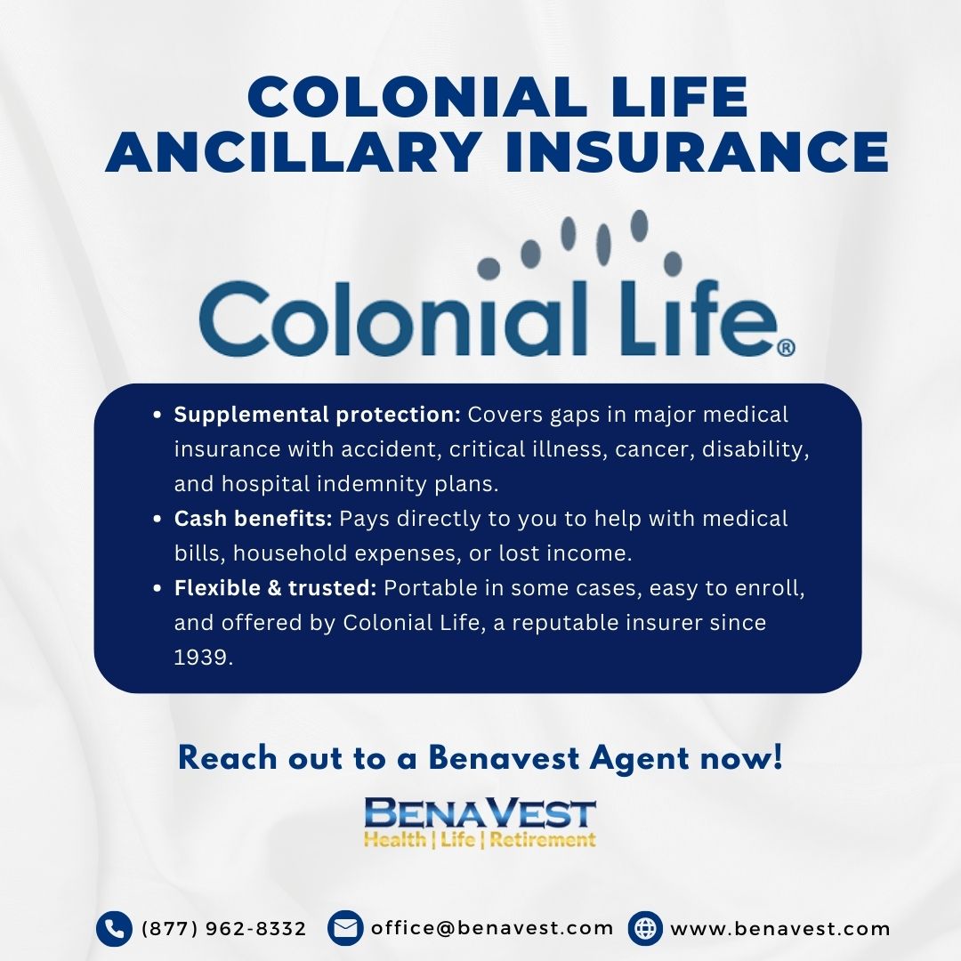 BenaVestIns's tweet photo. Colonial Life supplemental insurance helps cover medical gaps with accident, critical illness & disability plansβcash paid directly to you.
Protect your income. Contact a Benavest agent today.
#SupplementalInsurance #IncomeProtection #HealthCoverage #Benavest https://t.co/qLTwxfjx3K