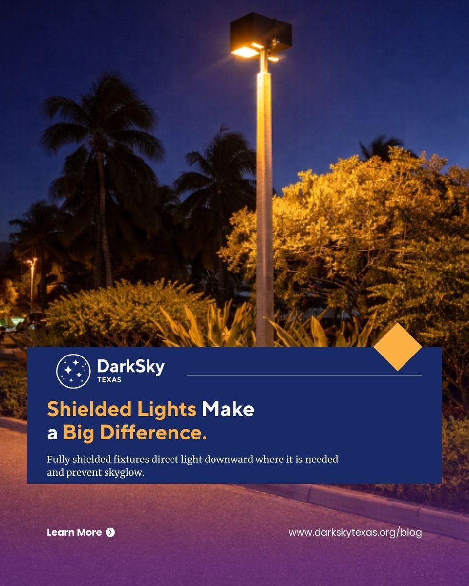One of the most effective lighting upgrades is also one of the simplest.

Shielded fixtures keep light out of the sky and out of neighboring windows while maintaining safety.

Good lighting design benefits everyone.

#DarkSkyTexas #ShieldedLighting #DarkSkies #LightSmart