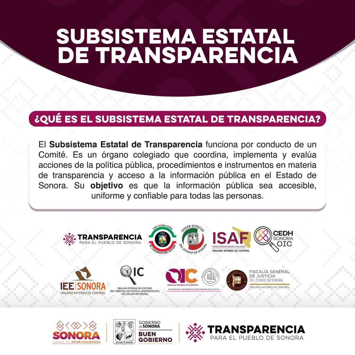 transparenteSon's tweet photo. ¿Ya conoces el Subsistema Estatal de Transparencia?
Descubre cómo funciona este órgano colegiado, sus miembros como autoridades garantes y su papel en la rendición de cuentas, la #Transparencia y el acceso a la información pública en Sonora.
#TierraDeOportunidades https://t.co/2zuQrqq2eG