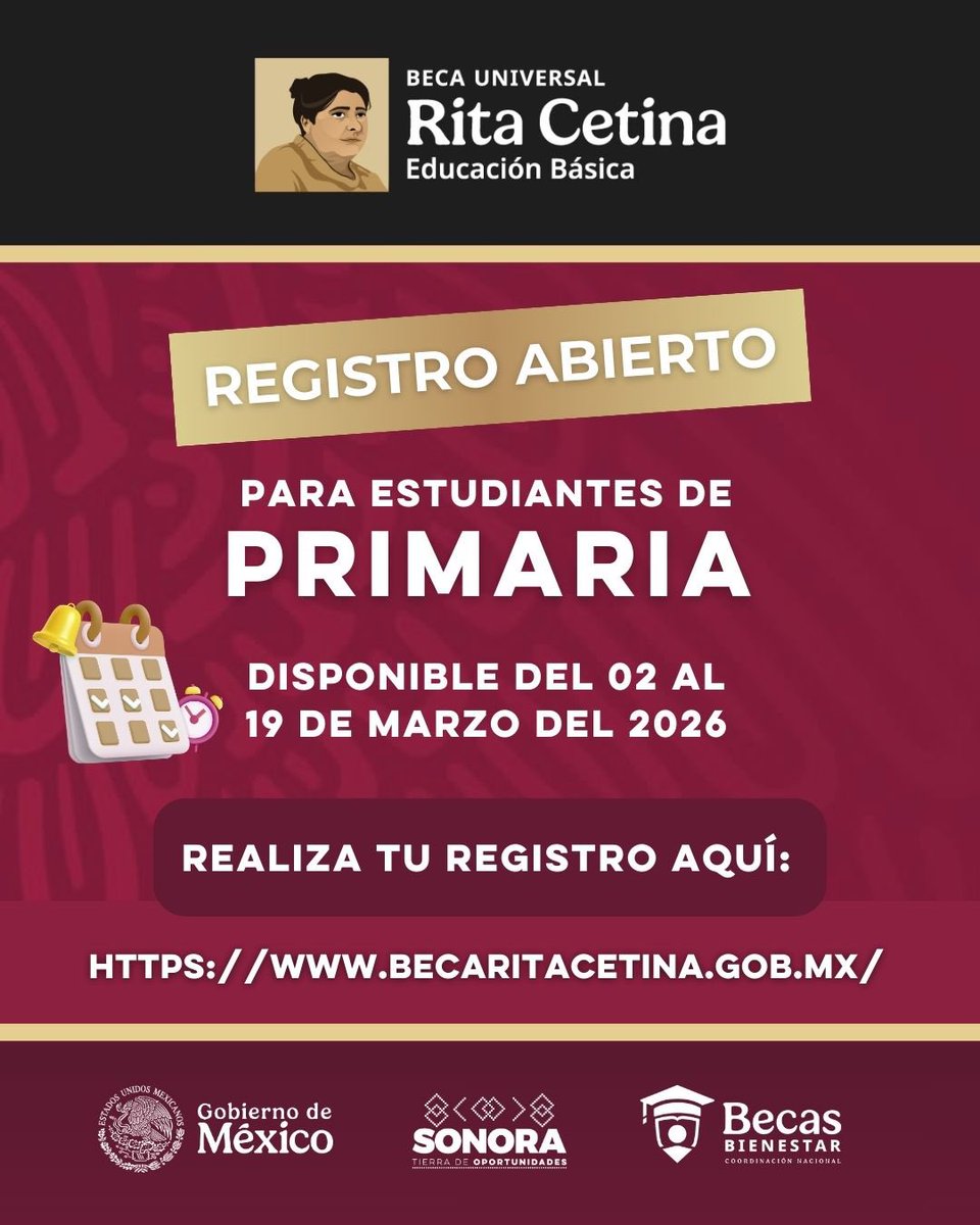 📣 ¡Atención madres y padres de familia!

Ya está abierto el registro para la Beca Universal Rita Cetina, dirigida a niños y niñas de primaria pública.

🗓 Registro disponible del 2 al 19 de marzo de 2026 en:
🔗 becaritacetina.gob.mx

En México y Sonora seguimos impulsando