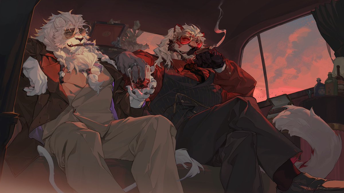 Marshmallo_yuan's tweet photo. 🦁: You said the party tonight will have all kinds of desserts, right? Hope they tastes good🥴.
🐯: Can you have some adult hobbies? Help me holding my glass and let me lit a cigarette. https://t.co/Gd2laYwszD