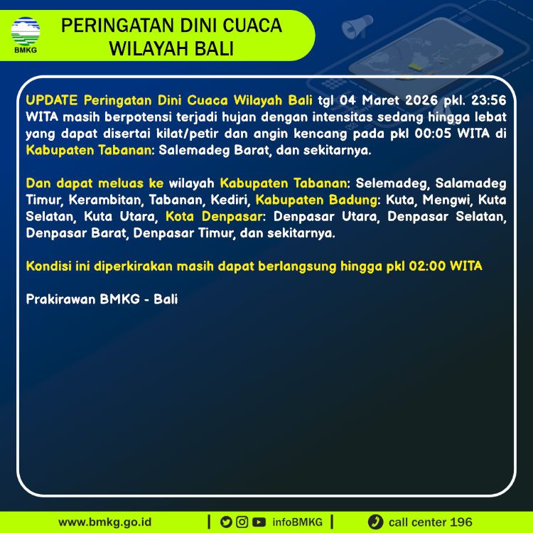 Update Peringatan Dini Cuaca Wilayah - Bali Tgl. 05 Maret 2026 pkl. 00:05 WITA
Prakirawan - BMKG - Bali
nowcasting.bmkg.go.id/nowcast?kodwil…