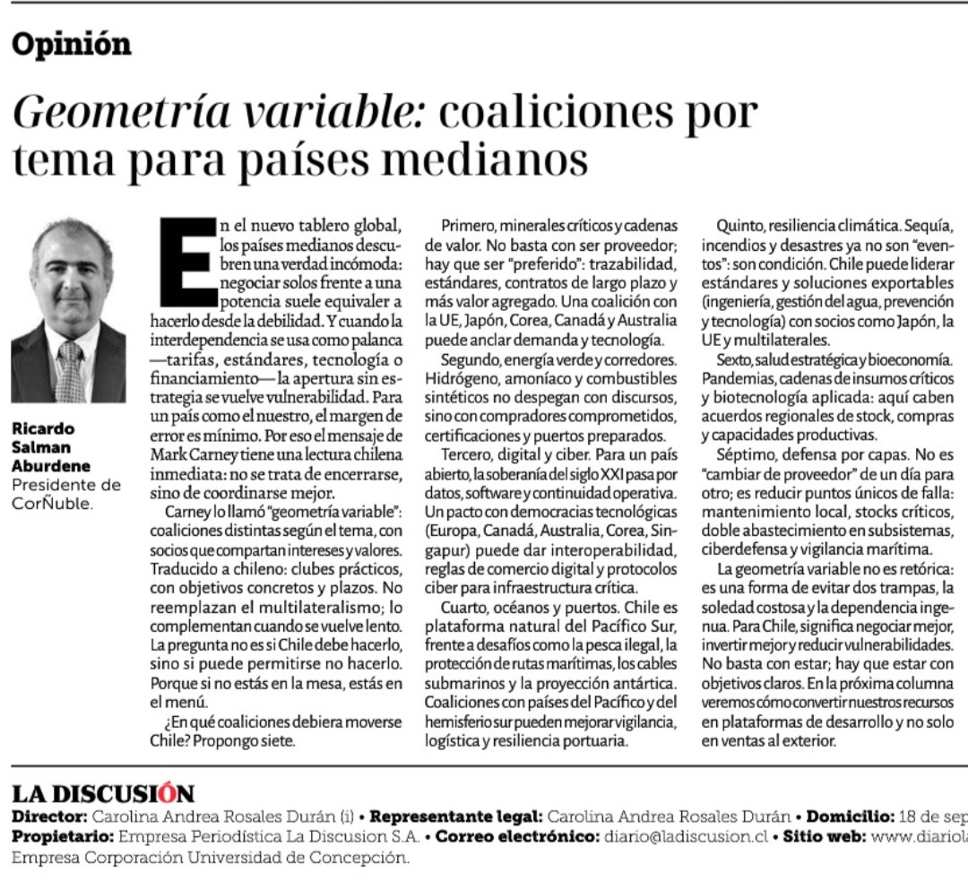 Los países medianos no pueden negociar solos frente a las grandes potencias.
La respuesta no es aislarse, sino construir coaliciones inteligentes según el tema: minerales críticos, energía, tecnología, océanos y resiliencia.
#Chile #EstrategiaGlobal #Geopolítica