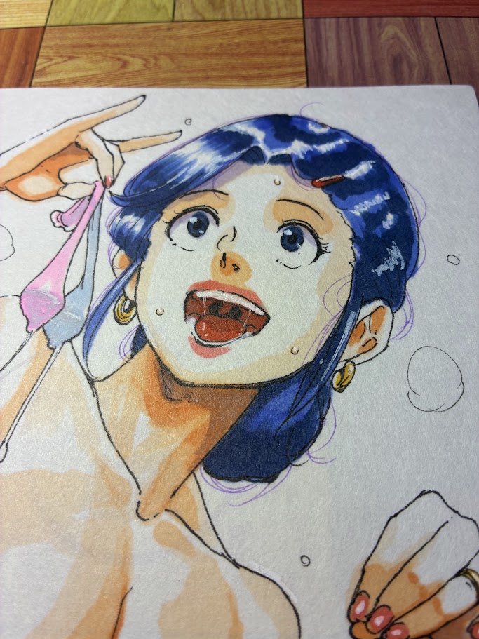 最近ちょこちょこ描いてたアナログイラスト。too画箋紙という和紙っぽい紙質でインクの流れが早くてめちゃくちゃにじんでしまう。もっと計算しながら色を塗らないといけない。 