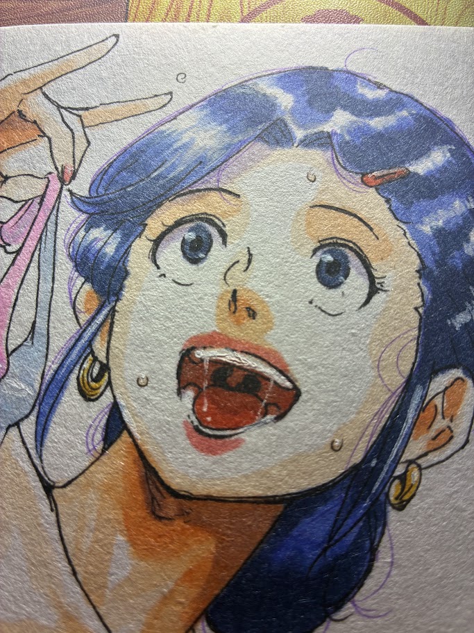 最近ちょこちょこ描いてたアナログイラスト。too画箋紙という和紙っぽい紙質でインクの流れが早くてめちゃくちゃにじんでしまう。もっと計算しながら色を塗らないといけない。 