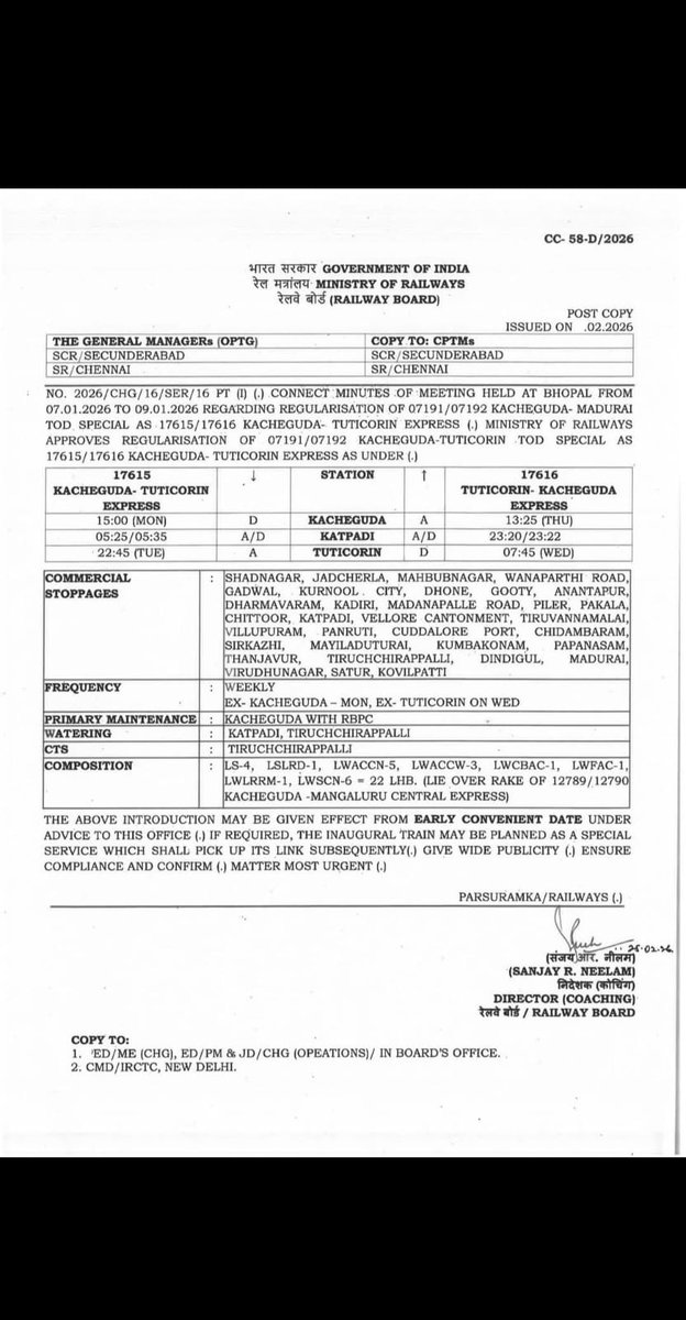JayThepra's tweet image. Railway Board Approves Regularisation Of 07191/07192 Kacheguda - Madurai TOD Special As 17615/17616 Kacheguda - Tuticorin Express

#IndianRailways #Railnews #Kacheguda #Madurai #Tuticorin #Railwaynews #railways