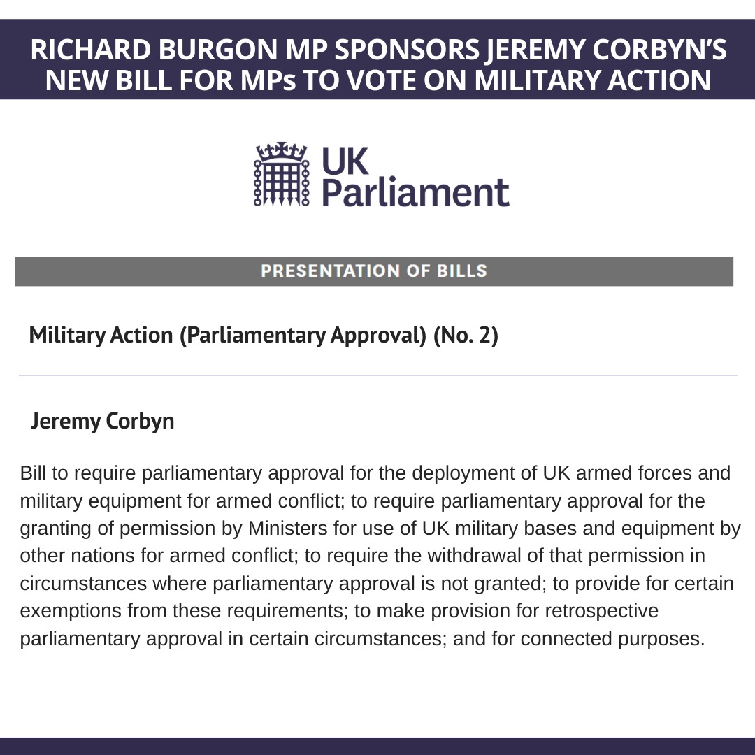 I am proud to be a sponsor of Jeremy Corbyn’s new Bill, published today, that would ensure MPs get a vote on military action and on the foreign use of British military bases.

This is an important part of the campaign against UK involvement in Trump's war on Iran.