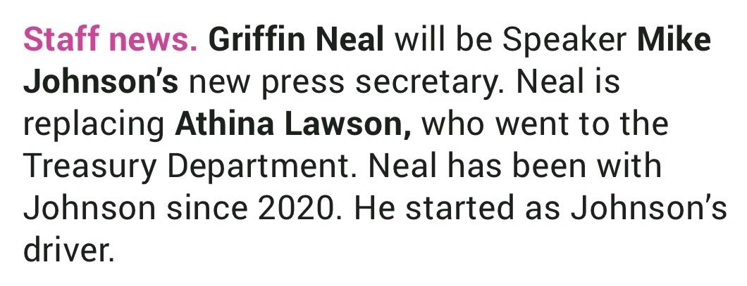 Hill press corps— start bugging <a href="/griffintweeting/">Griffin Neal</a>!

Huge congratulations to a true OG of Speaker Johnson comms. One of the best in the biz!