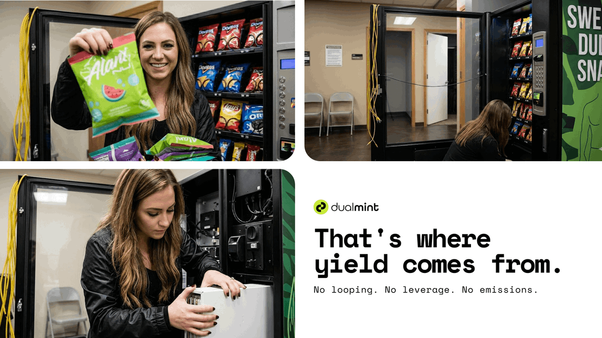 $2 and 1 snack drop.
That's where yield comes from.

A vending machine earns 15–25% net margins.

It runs when markets are up. It runs when markets are down.

Machines earn, you collect, and DualMint distributes physical asset cash flows onchain.