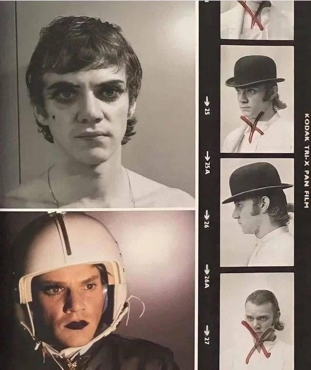Malcolm McDowell costume tests for Stanley Kubrick’s "A Clockwork Orange" 1971.