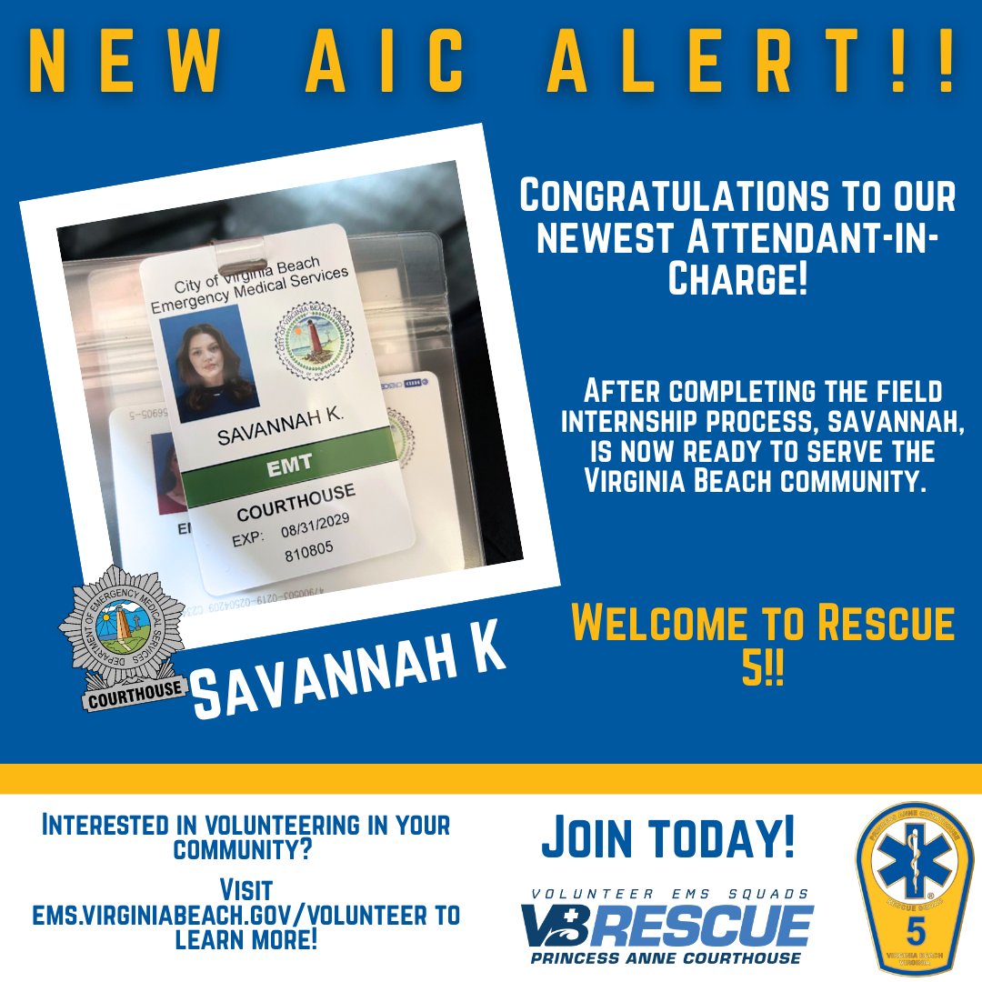 PACHVRS's tweet image. 🚑 NEW AIC ALERT! 🚑
Join us in congratulating Savannah K. on her release as an Attendant-in-Charge.
We look forward to working with you on the streets and Congratulations!
#CourthouseStrong #Rescue5 #VBStrong #VBRescue #neighborshelpingneighbors