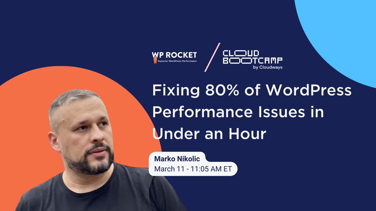 wp_rocket's tweet photo. Fixing 80% of WordPress performance issues in under an hour... Every website owner's dream, right? ✨ 

That's the promise of our support engineer Marko's workshop!

We'll focus on the main factors that affect the performance of typical WordPress sites and how to overcome them.

To find out how, simply register for the Cloud Bootcamp by Cloudways! This free online event offers two days of technical workshops hosted by WordPress performance experts around two themes:

Day 1 - March 10th: The Performance Reality Check
Day 2 - March 11th: From Fixing Speed to Driving Impact

🔗 Registration link: https://t.co/mIt3i6RWC8