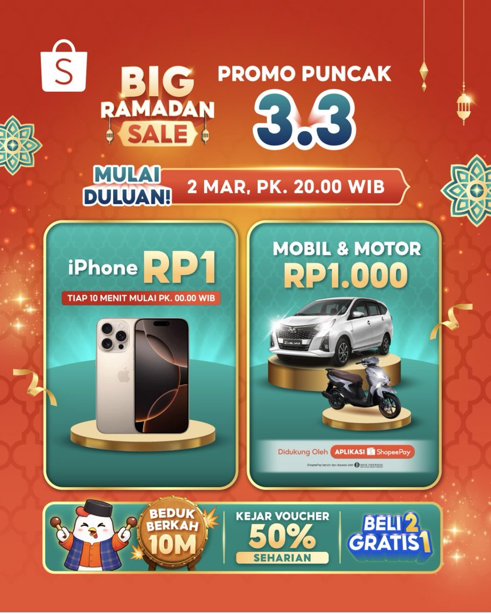 siapa yang nggak kepancing liat mobil &amp; motor seribu rupiah di promo puncak shopee big ramadan sale semoga aja emang rezeki
#ShopeePromoPuncakHariIni